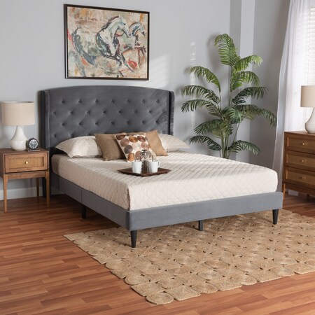 Baxton Studio Joanna Modern Contemporay Grey Velvet Upholstered and Dark Brown Finished Wood Platform Bed King 215-12369-ZORO